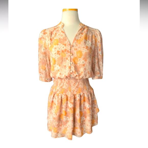 AQUA Floral Print Smocked Dress Beige/Tan/yellow V Neck Tiered Ruffle Size L - Picture 2 of 6